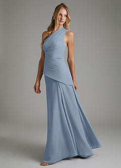 Azazie Holly Vestidos de damas de honor Vestido Azul Polvoriento de Gasa de Línea A con Corsé image4