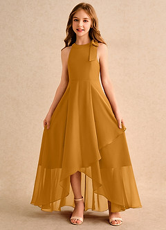 Azazie Boop Girls Formal Robe Demoiselle D'honneur Fillette Robe Trapèze en Mousseline de soie Arc Caramel écossais image5