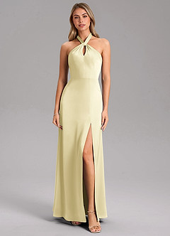 Azazie Tracie Robes de demoiselle d'honneur Robe Trapèze en Satin extensible Fente Latérale Sorbet Citron image5