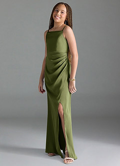 Azazie Leonis Junior Olive A-Line Pleated Stretch Satin Dress image4