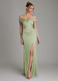 Azazie Teyana Bridesmaid Dresses Dusty Sage Sheath Off the Shoulder Stretch Satin Dress image1