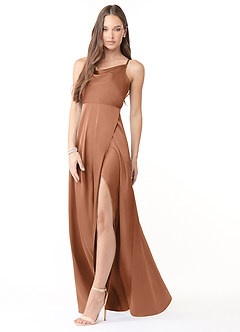 Azazie Naomie Robes de demoiselle d'honneur Robe Trapèze en Satin extensible Col bénitier fendu sur le côté Bronze image4