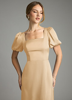 Azazie Fyona Bridesmaid Dresses Gold A-Line Pleated Stretch Satin Dress image6