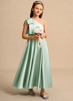 Azazie Guppy Girls Formal Blumenmädchenkleider A-Linie One-Shoulder Matte Satin Kleid Agave image1