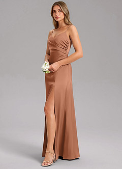 Azazie Azuree Bridesmaid Dresses Bronzer A-Line Pleated Stretch Satin Dress image4