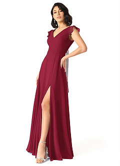 Azazie Claudine Bridesmaid Dresses Burgundy A-Line Flutter Sleeve Chiffon Dress image3