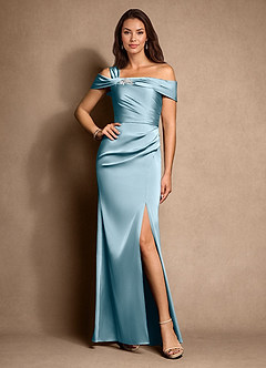Azazie Altonia Mère de la mariée Robes Robe Sirène en Satin extensible Épaule décolletée Bleu Maussade image1