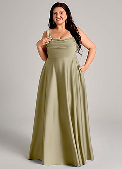 Azazie Shaude Bridesmaid Dresses Moss Green A-Line Pleated Stretch Satin Dress image4