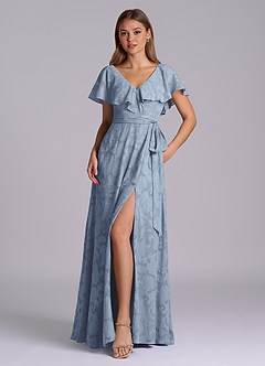 Azazie Lainey 신부 들러리 드레스 A라인 포켓이 있는 플로럴 번아웃 바닥 길이 드레스 image1