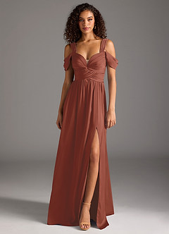 Azazie Lianne Bridesmaid Dresses Auburn A-Line Off the Shoulder Stretch Satin Dress image8