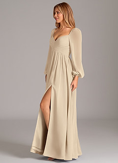 Azazie Alia Bridesmaid Dresses Champagne A-Line Long Sleeve Chiffon Dress image3
