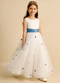 Azazie Cricket vestidos de niña de las flores Vestido de Marfil Azul Acero de Satin Mate de Princesa con Plisado image7
