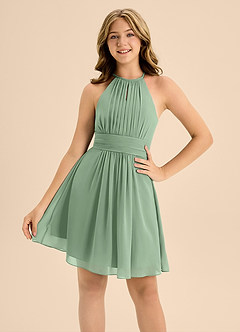 Azazie Bonnie Junior Matcha A-Line Pleated Chiffon Dress image5