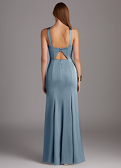 Azazie Elana Bridesmaid Dresses Dusty Blue Sheath Side Slit Stretch Satin Dress image4