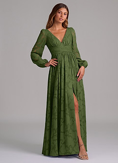 Azazie Norah Final Sale Olive A-Line Long Sleeve Floral Burnout Dress image4