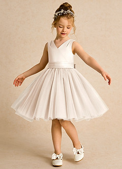Azazie Tadpole vestidos de niña de las flores Vestido de Alabastro Blanco de Satin Mate de Corte En A con Plisado image1