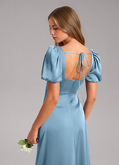 Azazie Fyona Bridesmaid Dresses Steel Blue A-Line Pleated Stretch Satin Dress image7