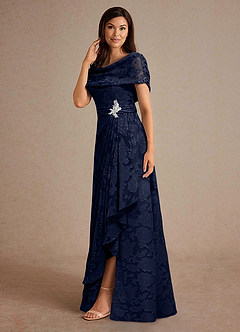 Azazie Branford Mother of the Bride Dresses Dark Navy A-Line Pleated Floral Burnout Dress image2