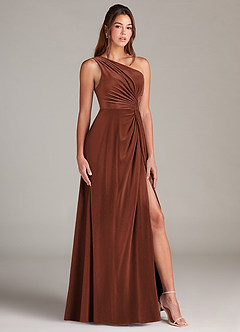 Azazie Brooke Robes de demoiselle d'honneur Robe Trapèze en velours Ue épaule Terracotta image3