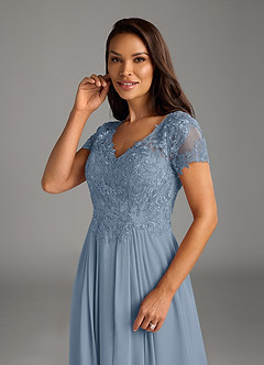 Azazie Dunja Mother of the Bride Dresses Dusty Blue A-Line V-Neck Lace Chiffon Dress image6