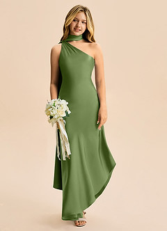 Azazie Briony Junior Juniper Sheath Pleated Stretch Satin Dress image1