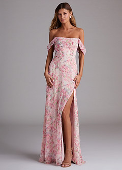 Azazie Saige Bridesmaid Dresses Abstract Watercolor Floral A-Line Off the Shoulder Chiffon Convertible Dress image1