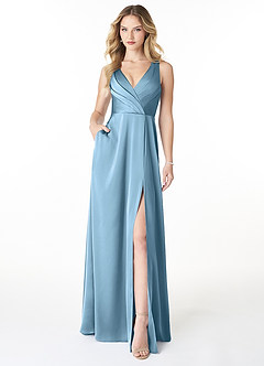 Azazie Nelly Bridesmaid Dresses Steel Blue A-Line V-Neck Pleated Stretch Satin Dress image1