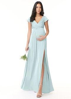 Azazie Allessia Robes de demoiselle d'honneur de maternité Robe Trapèze Plissée Longueur ras du sol Satin extensible image1