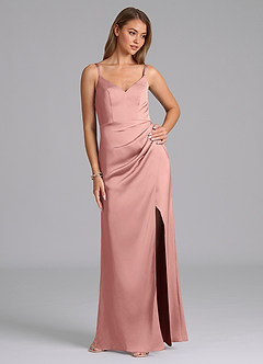 Azazie Leo Bridesmaid Dresses Rosette Sheath Pleated Stretch Satin Dress image5
