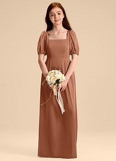 Azazie Briar Junior A라인 절하다 스트레치 새틴 플로어 길이 주니어 신부 들러리 드레스 image1