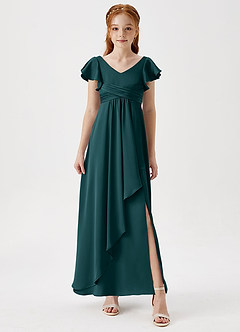 Azazie Omari Junior Pine A-Line Pleated Stretch Satin Dress image4