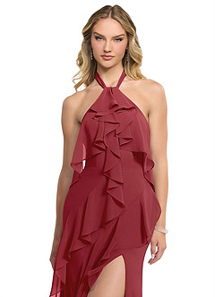 Azazie Velma Bridesmaid Dresses Pomegranate A-Line Side Slit Chiffon Dress image4