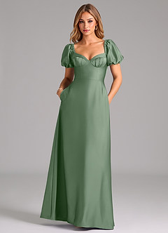 Azazie Fatima Vestidos de damas de honor Vestido de Matcha de Satén Elástico de Corte en A con Plisado image3