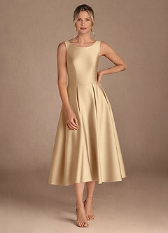 Azazie Fulton Mother of the Bride Dresses Champagne A-Line Pleated Stretch Satin Dress image4