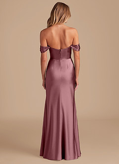 Azazie Saige Bridesmaid Dresses Vintage Mauve A-Line Off the Shoulder Metallic Satin Convertible Dress image4