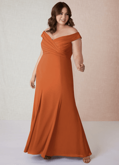 Azazie Lecia Robes de demoiselle d'honneur Robe Empire Convertible en Mousseline de soie Schulterfrei, plissiert Cannelle image8