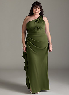 Azazie Latrice Bridesmaid Dresses Olive Sheath One Shoulder Cascading Ruffles Stretch Satin Dress image6