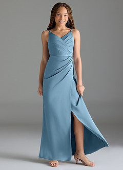Azazie Maci Junior Steel Blue Mermaid Pleated Stretch Satin Dress image3