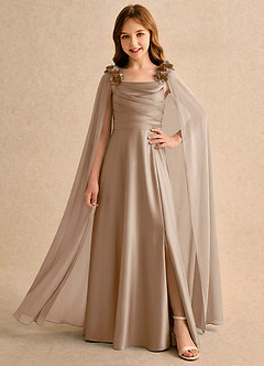 Azazie Rosita Girls Formal Robe Demoiselle D'honneur Fillette Robe Trapèze en Satin extensible Plissée Taupe image1