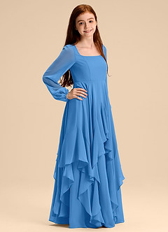 Azazie Clara Junior Vestido de Azul Grisaceo de Gasa de Corte en A con Blusón image4