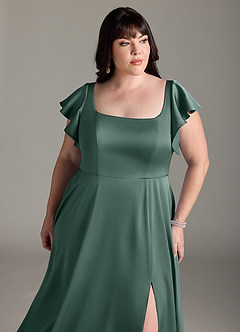 Azazie Bondi Bridesmaid Dresses Eucalyptus A-Line Bow Stretch Satin Dress image11