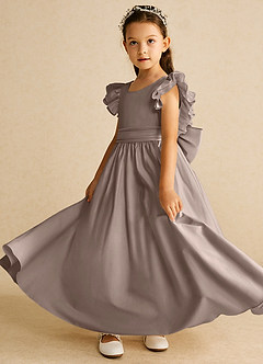 Azazie Piglette Flower Girl Dresses Taupe A-Line Bow Matte Satin Dress image2