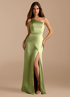 Azazie Trina Bridesmaid Dresses Pistachio A-Line One Shoulder Metallic Satin Dress image3
