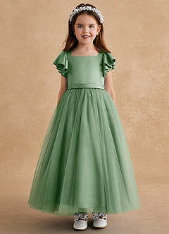 Azazie Suzy Flower Girl Dresses Matcha A-Line with Sleeves Tulle Dress image2