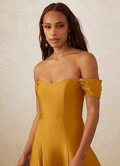 Christian Siriano Bridal for Azazie 1002 Bridesmaid Dresses Butterscotch A-Line Off the Shoulder Stretch Satin Convertible Dress image5