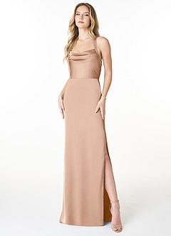 Azazie Myla Final Sale Agave Sheath Cowl Keyhole Stretch Satin Dress image1