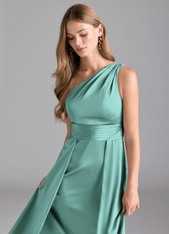 Azazie Dallas Vestidos de damas de honor Vestido de Aqua de Satén Elástico de Corte en A con Hombro unilateral image6