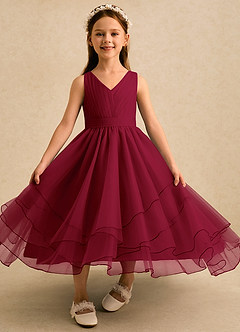 Azazie Seraphina vestidos de niña de las flores Vestido Borgoña de Tul de Corte en A con Plisado image4