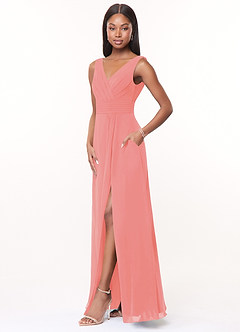 Azazie Karina Bridesmaid Dresses Coral A-Line Pleated Chiffon Dress image3