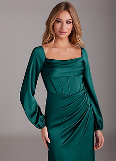 Azazie Charissa Bridesmaid Dresses Peacock Sheath Long Sleeve Stretch Satin Dress image7